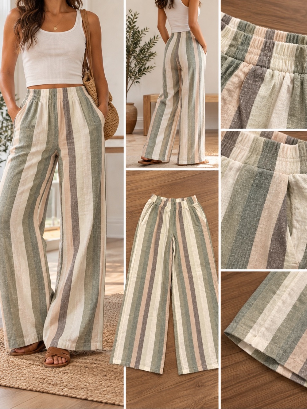 Suzy Shier Striped Wide-Leg Pants in Sage, Cream & Taupe